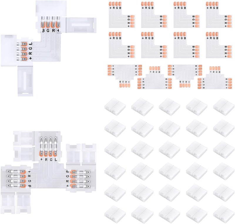 Pmxary 42Pcs 4 Pin LED Strip Connectors Kit for 5050 10mm Wide RGB LED Strip Light, Includes 8 L-Shaped, 4 T-Shaped, and 30 Solderless LED Light Connectors Clips, Easy for DIY Lighting Projects - Image 1